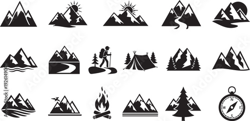 Camping Icons Set with Mountains and Symbols.