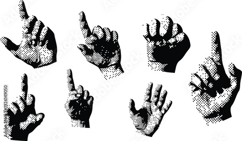 Vintage pop art inspired hand sign illustration set with grunge halftone shading