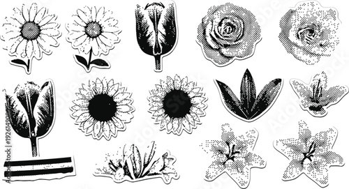 Artistic trendy halftone floral background with vintage print effect