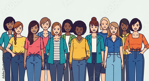 Diverse group of women standing together in casual clothing illustration of multicultural females in solidarity teamwork and unity concept
