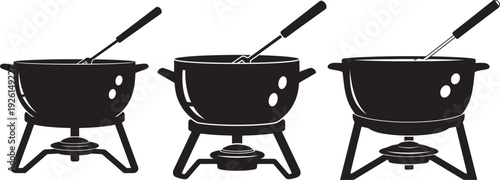 Fondue pots with ladles on stands silhouette