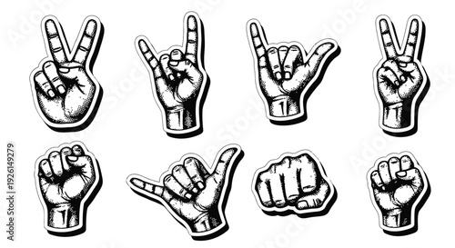 Trendy halftone hand gesture collage set with peace sign
