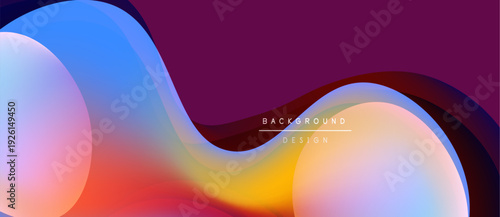 Abstract fluid shapes blend, creating vibrant color gradients. Purple backdrop contrasts bright orange, blue hues. Modern design element.