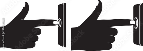 Silhouette hand pressing button icons on white background