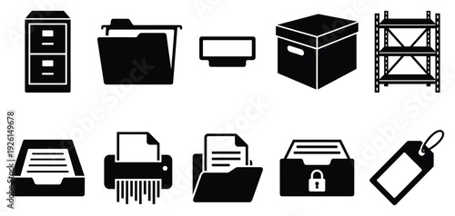 Office supply icon set. Includes file cabinet, folder, computer monitor, box, shelving, printer, shredder, file, locked file, tag. Created in simple black style with monochrome palette.