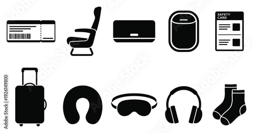 Travel icon set. Includes ticket, chair, luggage, headphones, passport, and travel accessories. Created in black silhouette style with monochromatic palette.