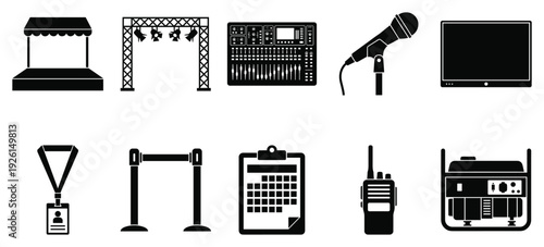 Concert festival icon set. Includes stage, soundboard, microphone, screen, backstage pass, barrier, schedule, walkie talkie, generator. Created in black line style with monochrome palette.