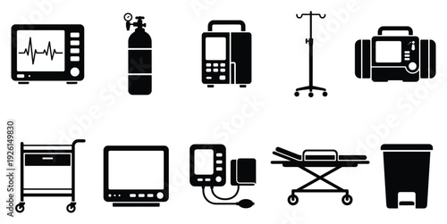 Medical equipment icon set. Includes hospital bed, oxygen tank, defibrillator, IV pole, stretcher, trash can, monitor, cart, and ventilator symbols. Created in black line style with monochrome