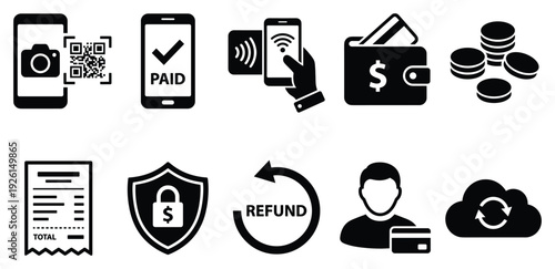 E-commerce and finance icon set. Includes payment, shopping, security, refund, and banking symbols. Created in black line style with monochrome palette.
