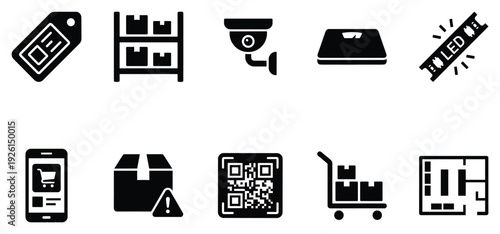 E-commerce icon set. Includes shopping cart, delivery, QR code, and payment symbols. Created in simple line style with black and white palette