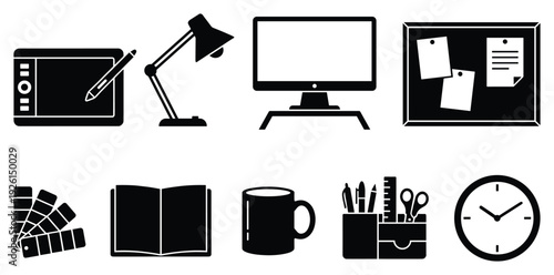 Office supplies and desk tools icon set. Includes computer, lamp, notebook, mug, clock, and stationery icons. Created in simple line style with black and white palette