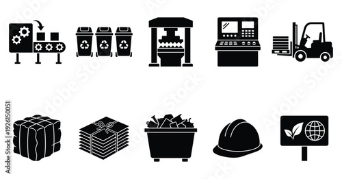 Mining industry icon set. Includes excavator, crusher, warehouse, forklift, coal, hard hat, and recycling symbols. Created in black line style with monochrome palette