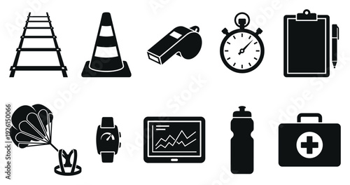 Emergency response icon set. Includes first aid kit, traffic cone, whistle, stopwatch, parachute, smartwatch, graph on screen, water bottle, and clipboard. Created in black and white line style