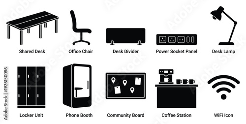 Office furniture and equipment icon set. Includes shared desk, office chair, desk divider, power socket panel, desk lamp, locker unit, phone booth, community board, coffee station