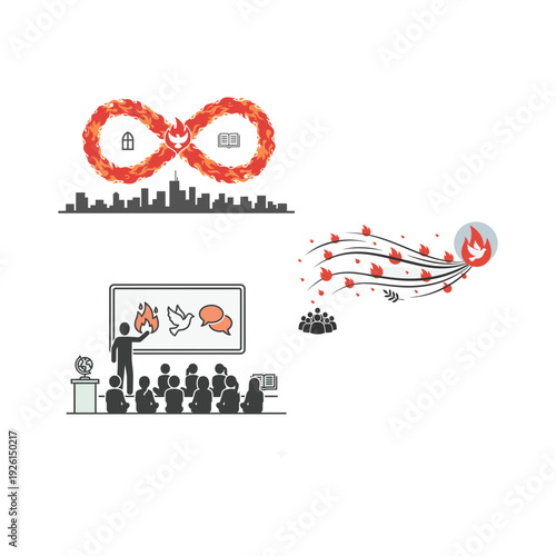 Pentecost global outreach icon bundle with speech dove revival tent and world mission