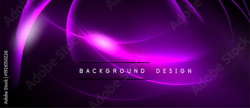 Abstract purple background features curved lines, glowing effects. Modern design element suitable for digital projects. Dark shades dominate composition.