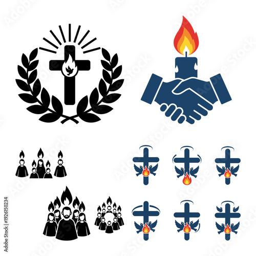 Pentecost protection and mission icon bundle with shield compass leaf and flame