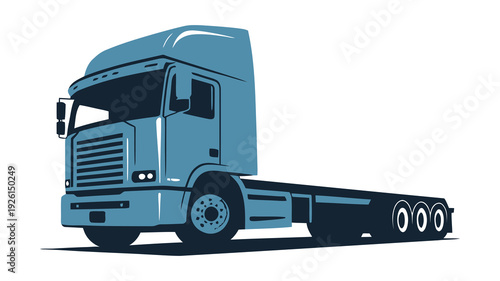 Blue semi-truck with flatbed trailer parked against a plain background