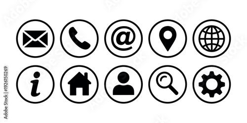 Black and white for communication and navigation email phone on white background 