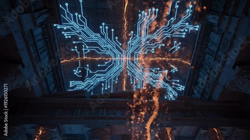 Ancient architecture fused with glowing blue circuitry and fiery energy