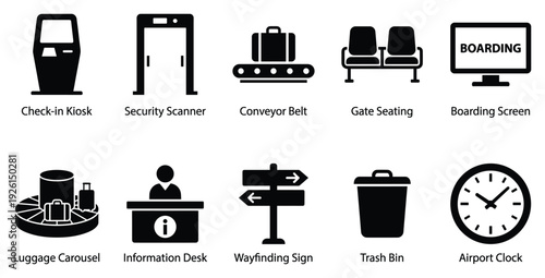 Airport icons vector set. Includes check-in kiosk, security scanner, conveyor belt, gate seating, boarding screen, luggage carousel, information desk, wayfinding sign, trash bin