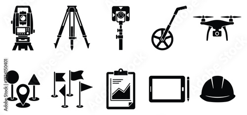 Construction and surveying icon set. Includes surveying equipment, construction tools, drone, flags, map, hard hat. Created in simple style with black and white color palette.