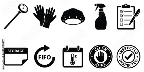 Warehouse and inventory management icon set. Includes storage, FIFO, calendar, cleaning zone, inspected and accepted icons. Created in black and white line style with simple shapes.