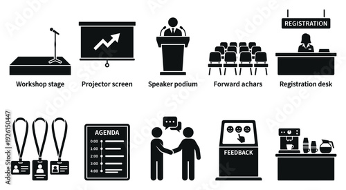Business conference and workshop organization icons, including registration, presentation, and networking elements for events and meetings