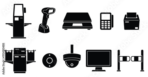 Collection of various office equipment and technology icons in black and white, including security cameras and computer monitors for business settings.