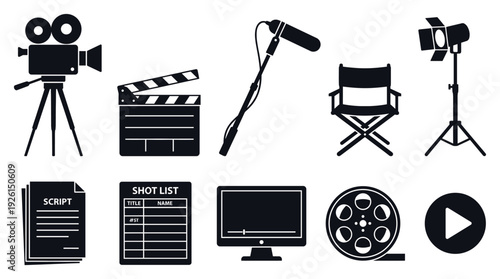 Film production icons and equipment for making movies and television shows with clapperboard, camera, and microphone