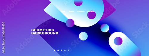 Abstract geometric background. Blue, purple hues dominate design. Navigation visible, dots indicate sections. Modern, vibrant aesthetic.