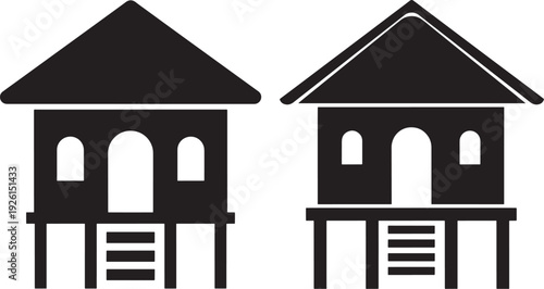 Silhouette houses on stilts traditional dwelling asian architecture
