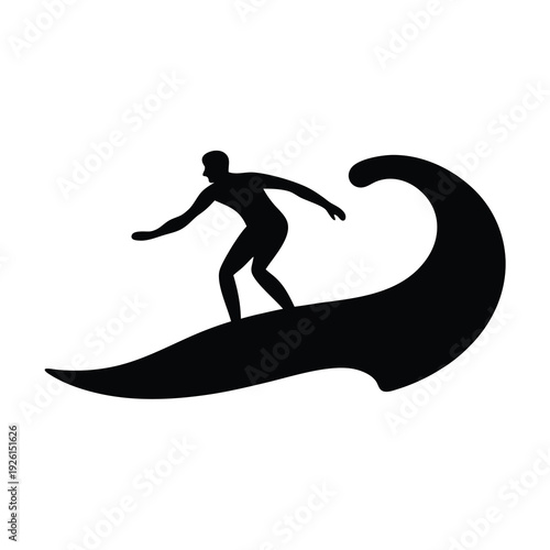 Minimalist silhouette of a surfer riding a stylized ocean wave crest