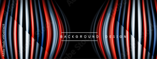 Abstract neon lines create dynamic waves. Black background emphasizes vibrant red, white, blue gradients. Modern design element.