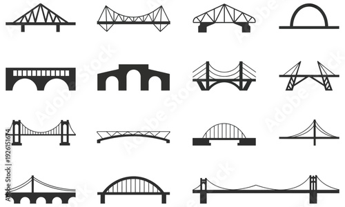 Set of stylized bridge silhouettes in vector format illustrating arch, truss, suspension, beam, and cable stayed designs for ranked architecture graphics, infrastructure visuals, engineering projects,