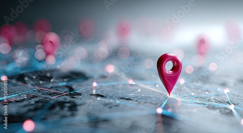 Digital Map with Glowing Location Pin and Network Connections.