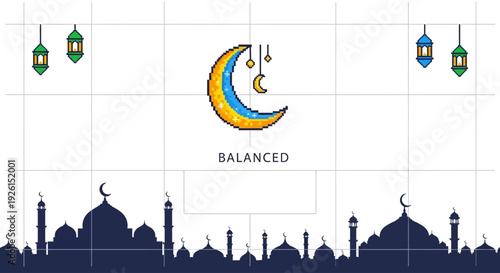 A serene pixelated crescent moon illustration with dangling stars and festive lanterns, embodying spiritual balance and the celebratory spirit of Islamic traditions above a graceful mosque silhouette