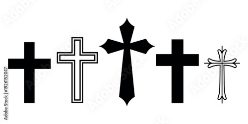 Five different cross symbols in black on white background christianity 