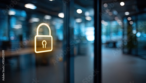 Glowing Golden Padlock Symbol on a Glass Door.
