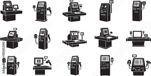 Various computer workstation setups with peripherals and accessories shown