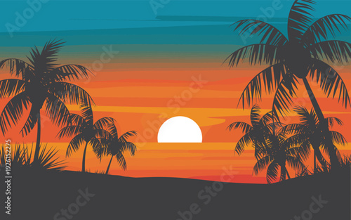 Tropical Sunset Over Ocean with Palm Trees SilhouetteStock Illustration