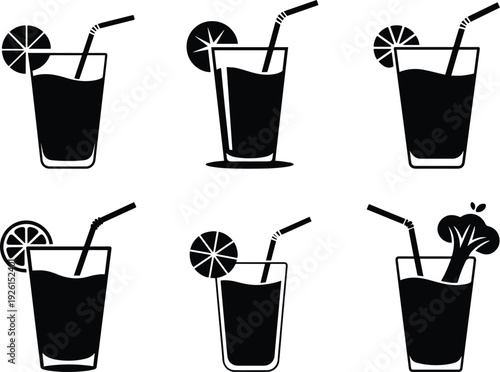 Set of Minimalist black glass of vegetable juice with straw silhouette vector icon