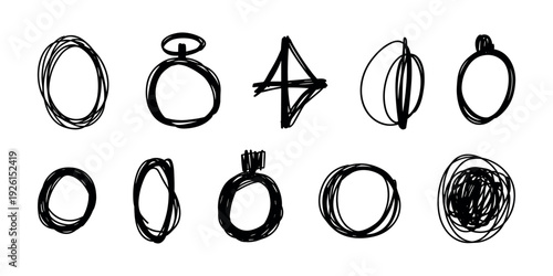 Hand drawn black rings and shapes on white background