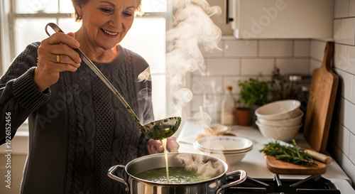 An elderly woman with a gold ring happily stirring a pot of steaming green vegetable soup with a metal ladle in a bright tiled kitchen