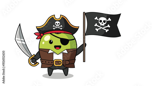 Fun cartoon character of an olive dressed as a pirate holding a sword and a skull and crossbones pirate flag.