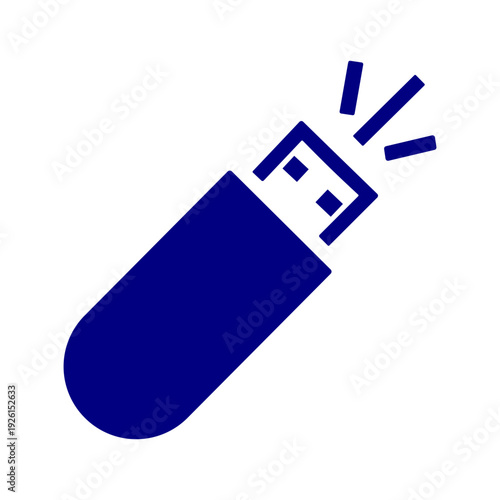 Dark blue USB flash drive icon, portable data storage device symbol, memory stick silhouette with light glow on transparent background.