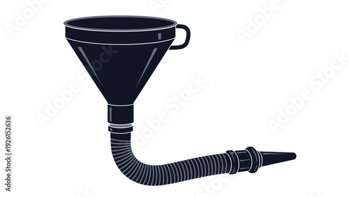 Industrial black plastic funnel attached to a flexible bellows hose for pouring liquids in automotive settings.