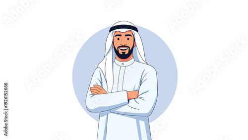 Smiling Arab man in traditional white thobe and ghutra standing with arms crossed in a friendly and confident pose.