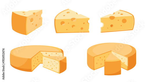 Diverse set of cheese wheels and wedges with characteristic holes in warm yellow and orange tones for gourmet food.