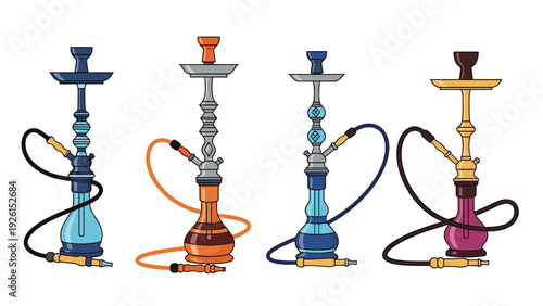 Set of four traditional hookahs in different colors and designs for smoking flavored tobacco in social settings.